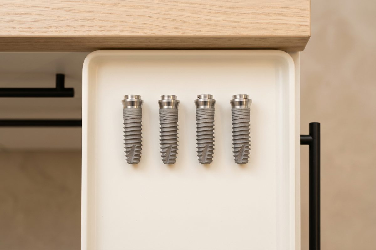 Illustrative object photograph of four titanium dental implant fixtures laid in parallel on a tray