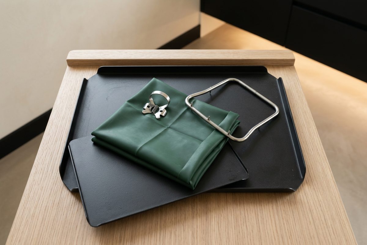 Illustrative object photograph of a folded rubber dam sheet, clamp and frame on a matte black tray
