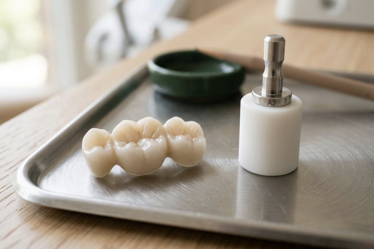 Illustrative object photograph of a three-unit ceramic bridge on a steel tray beside an unmilled ceramic block on its mandrel