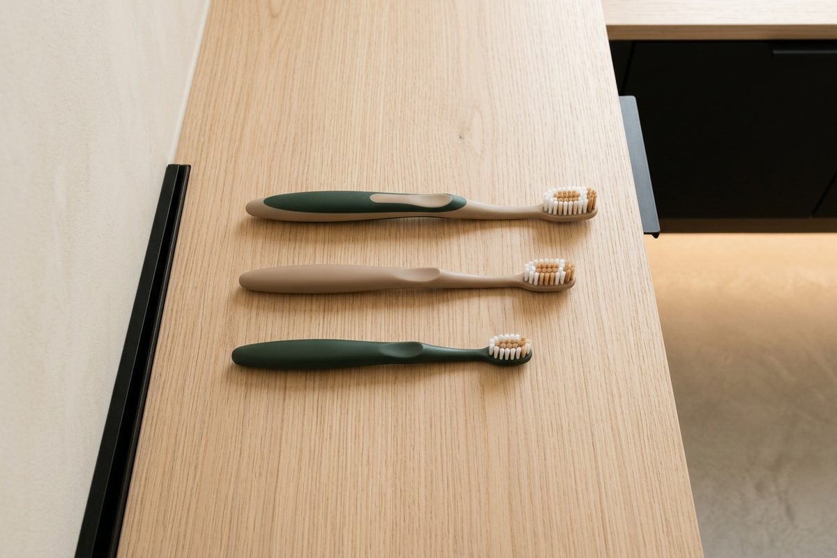 Illustrative object photograph of three toothbrushes in graduated sizes laid in a row on a pale oak counter