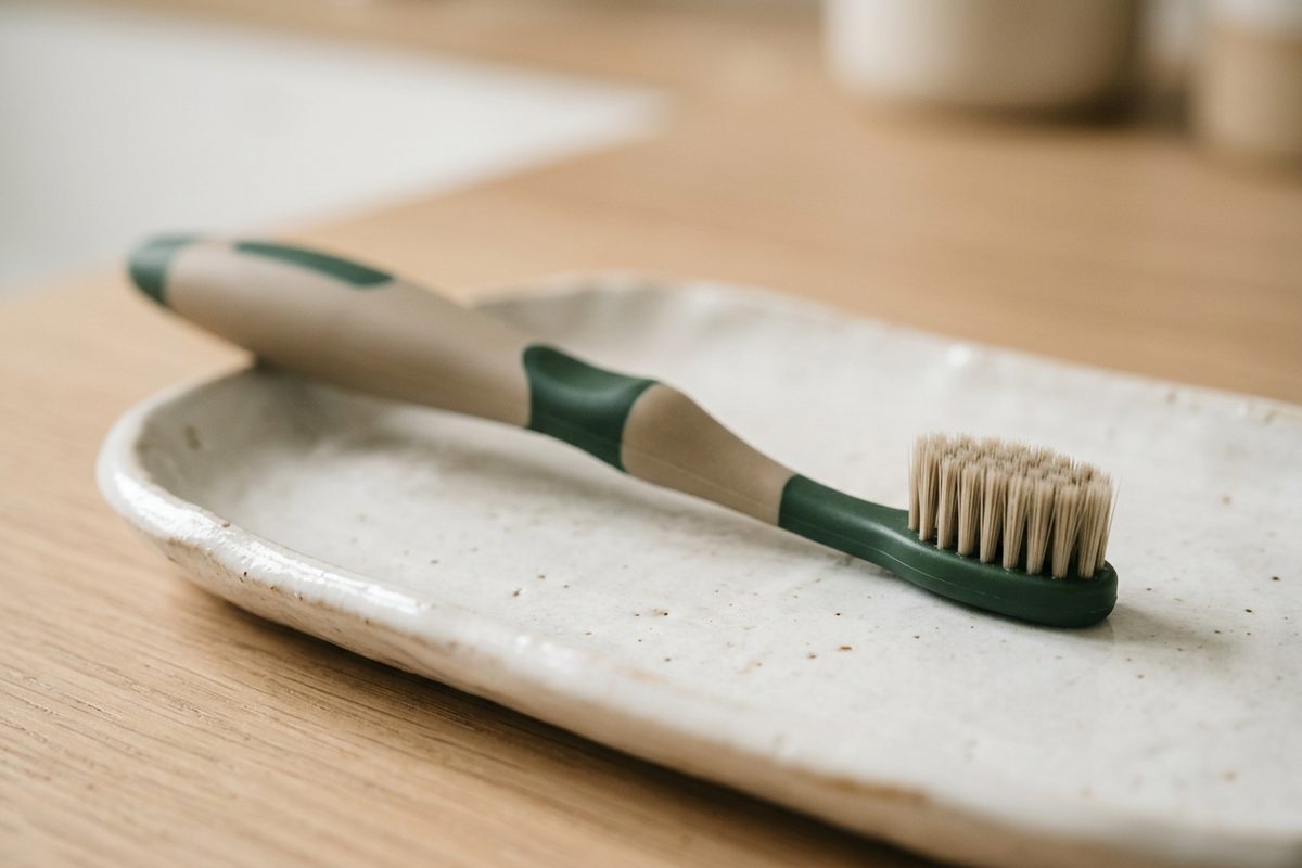 Illustrative object photograph of a small child-sized toothbrush lying on a ceramic dish
