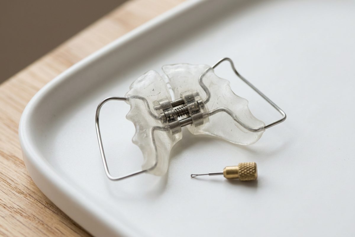 Illustrative object photograph of a clear orthodontic palatal expander and a small brass activation key on a white tray