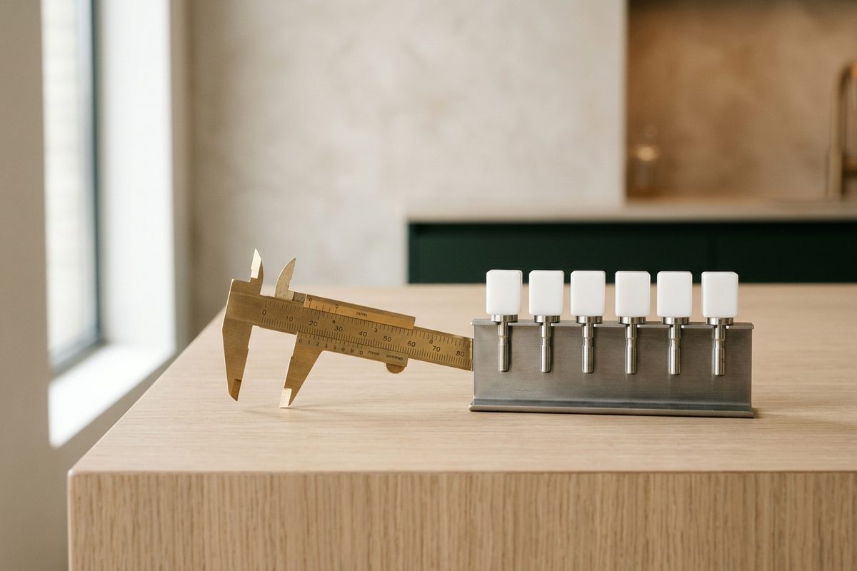 Illustrative object photograph of brass calipers and a rack of blank ceramic milling blocks on a pale oak counter
