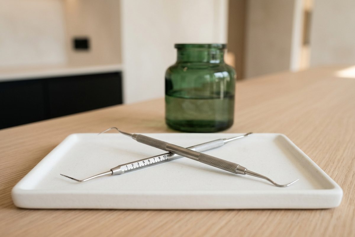 Illustrative object photograph of a periodontal probe and an explorer crossed on a white ceramic tray