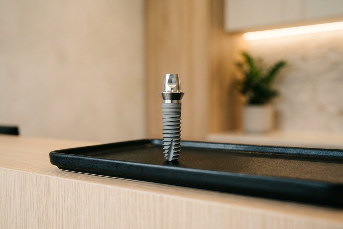 Illustrative object photograph of a single titanium dental implant fixture standing on a matte black tray
