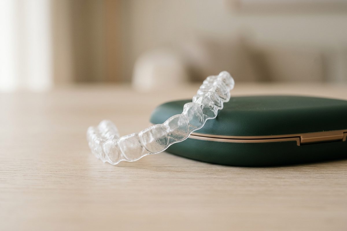 Illustrative object photograph of a clear orthodontic aligner resting against its storage case