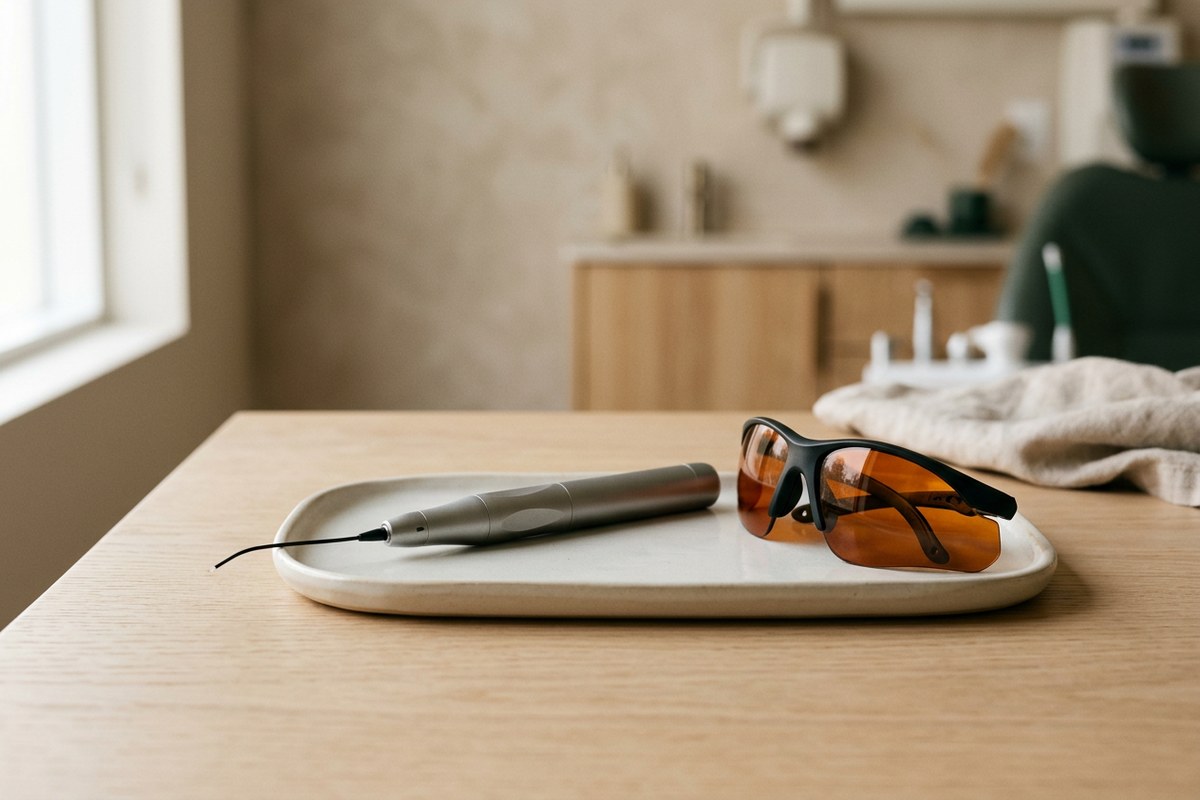 Illustrative object photograph of a dental laser handpiece and protective eyewear on a pale tray