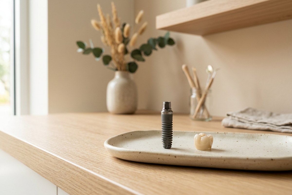 Illustrative object photograph of a titanium implant fixture standing beside a ceramic crown on a pale tray