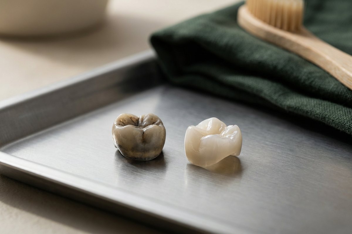 Illustrative object photograph of an older darkened ceramic crown beside a new pale ceramic onlay on a brushed steel tray