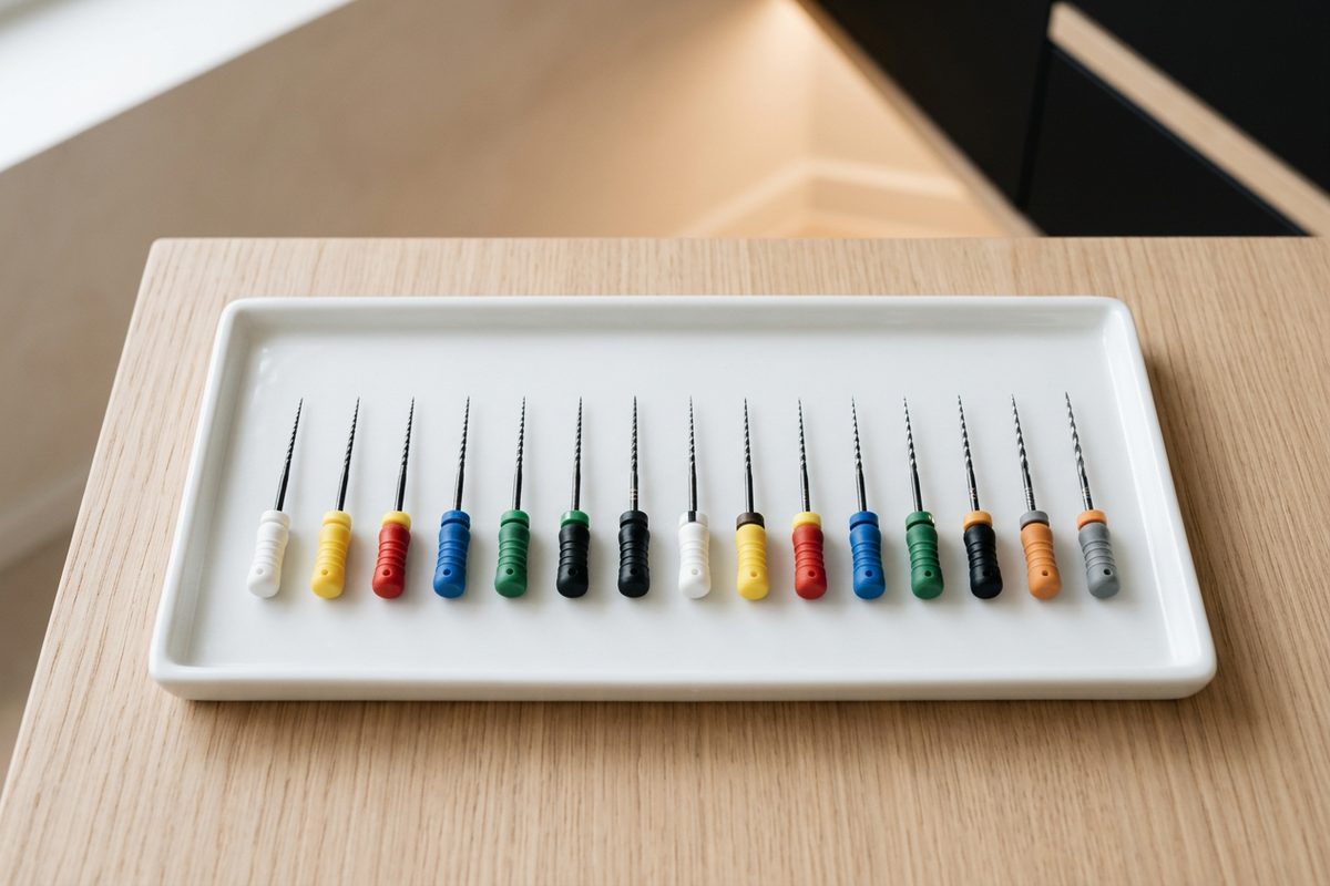 Illustrative object photograph of a row of fine endodontic files with colour-coded handles on a white tray