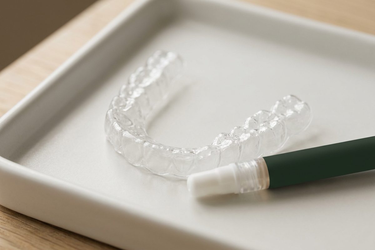 Illustrative object photograph of a clear dental tray and a gel syringe on a white tray