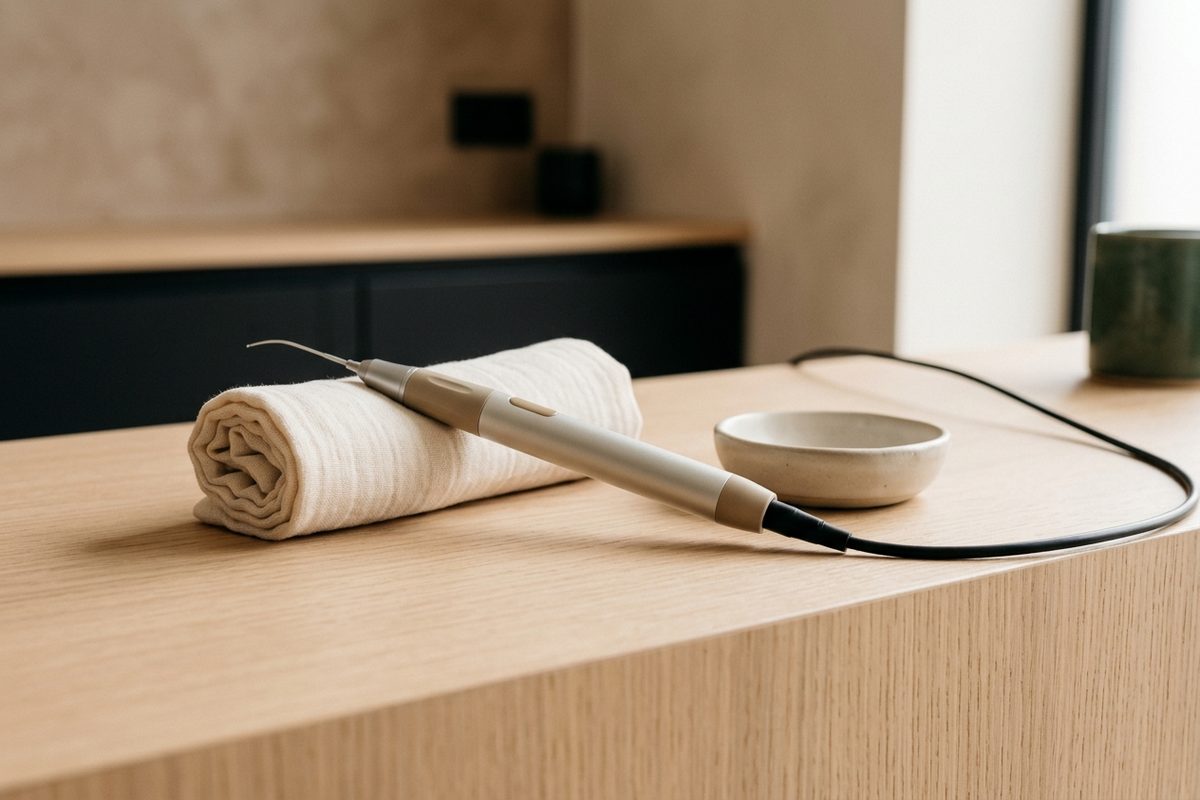 Illustrative object photograph of a soft-tissue diode laser handpiece and a rolled muslin cloth on a pale oak counter