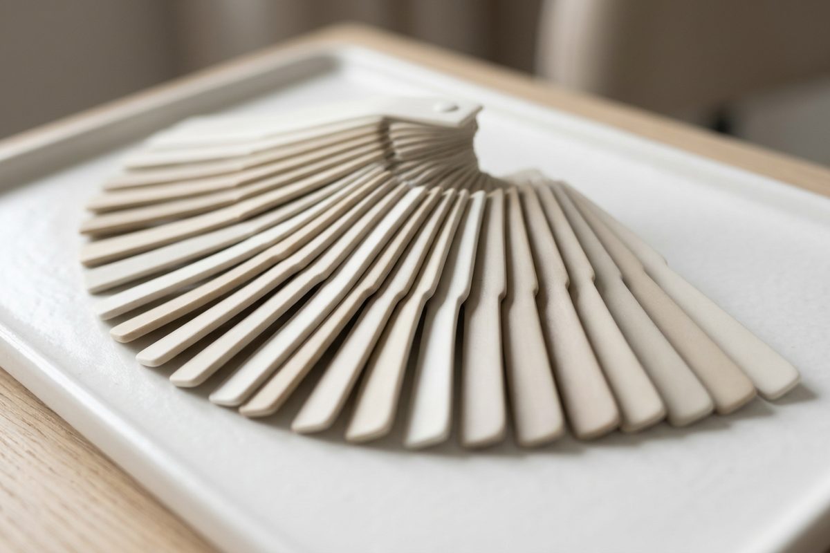 Illustrative object photograph of a fan of ceramic dental shade guide tabs spread open on a white tray