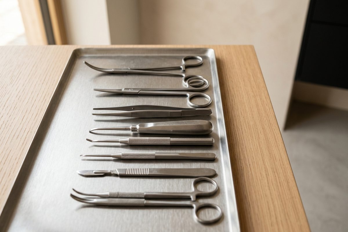 Illustrative object photograph of stainless-steel oral surgery instruments arranged on a steel tray