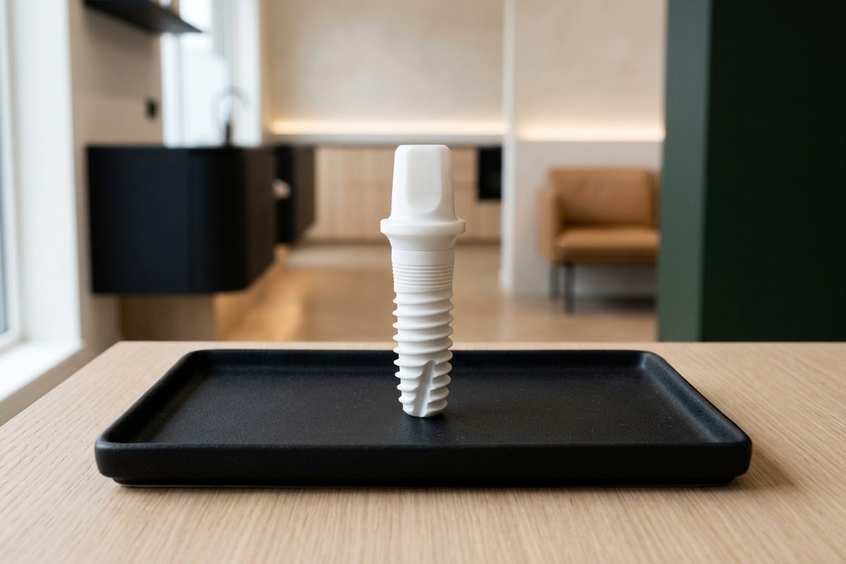 Illustrative object photograph of a single white ceramic zirconia implant fixture on a matte black tray