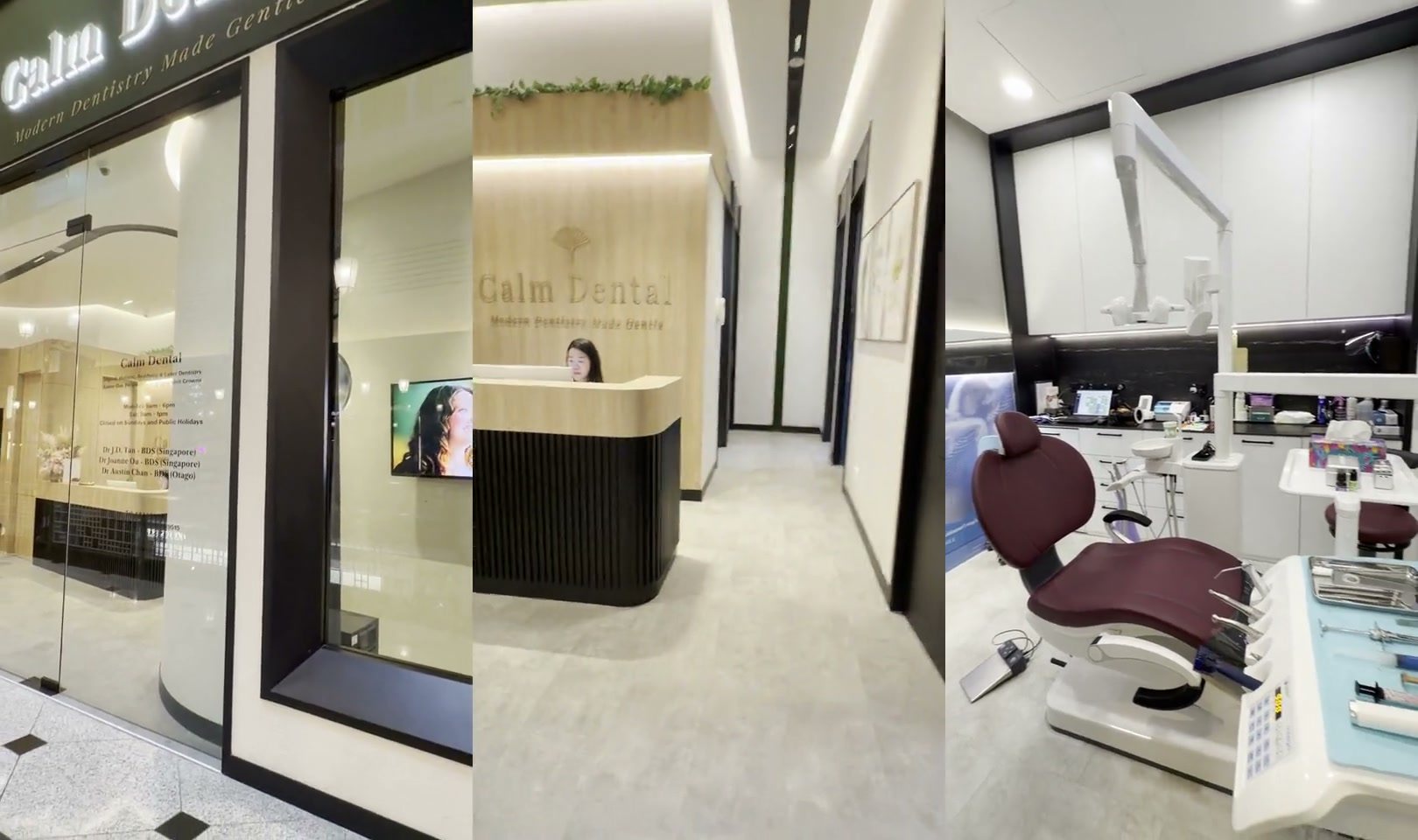 The entrance, reception desk and a treatment room at Calm Dental, Millenia Walk