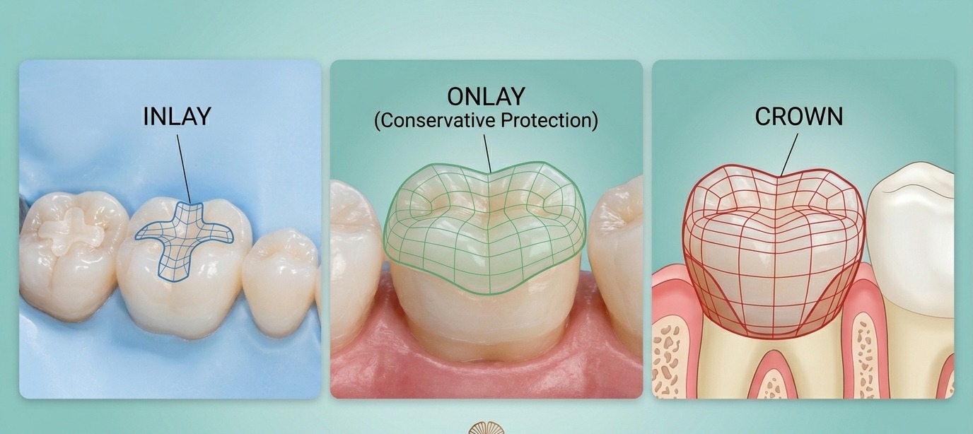Illustration comparing an inlay, an onlay and a crown on a molar: the inlay sits within the cusps, the onlay caps the biting surface, the crown covers the whole tooth