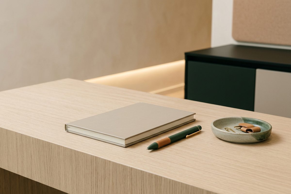 Illustrative object photograph of a notebook and pen beside a small ceramic dish on a pale oak counter
