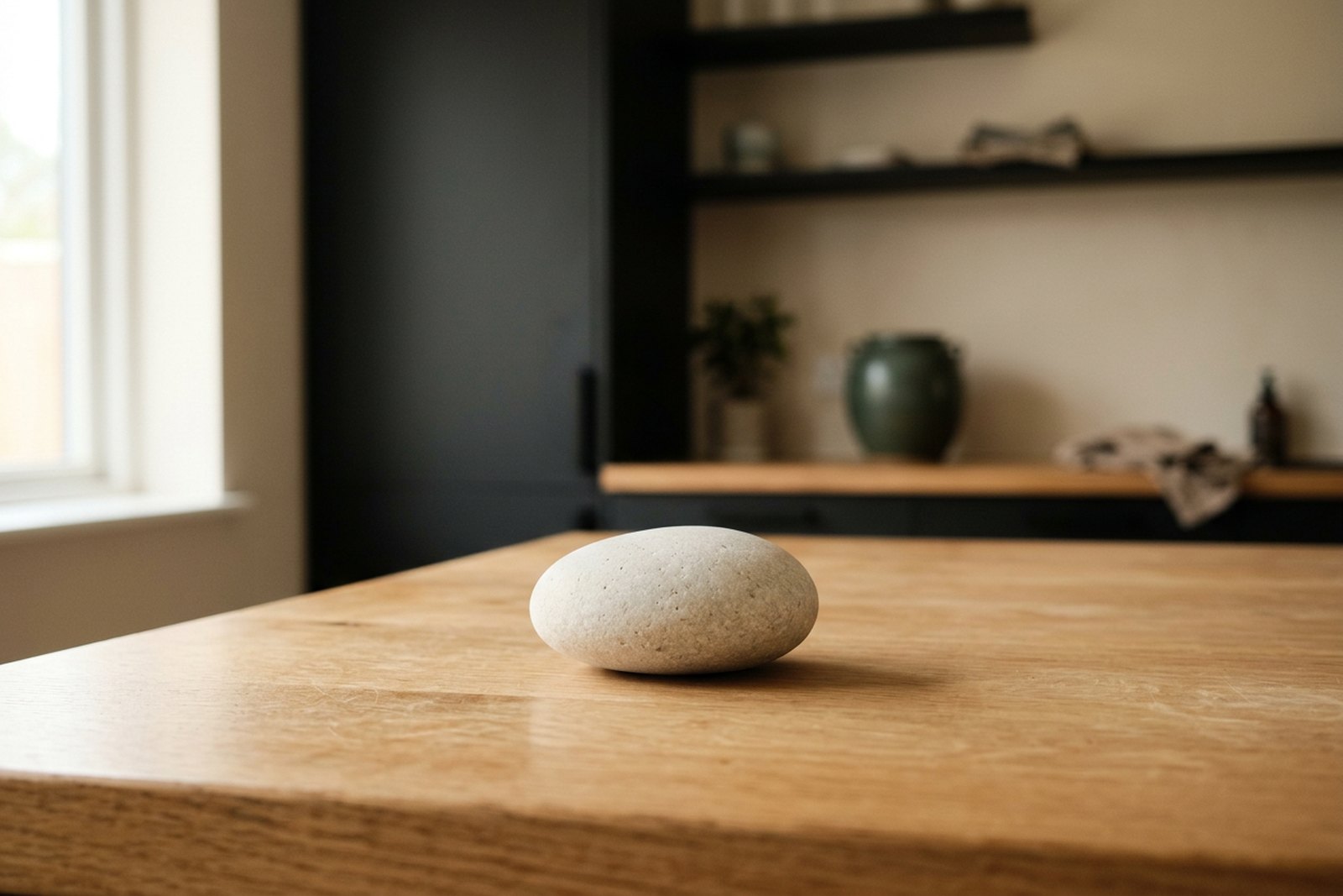 Illustrative object photograph of a single smooth pale stone on a pale oak counter