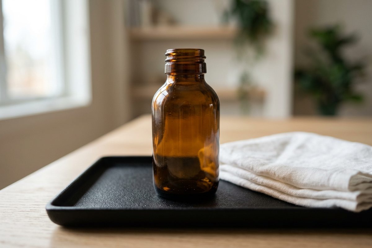 Illustrative object photograph of a small glass bottle and a folded white cloth on a matte black tray