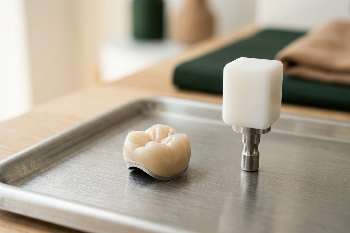 Illustrative object photograph of a milled ceramic onlay beside an unmilled ceramic block on its mandrel, on a brushed steel tray