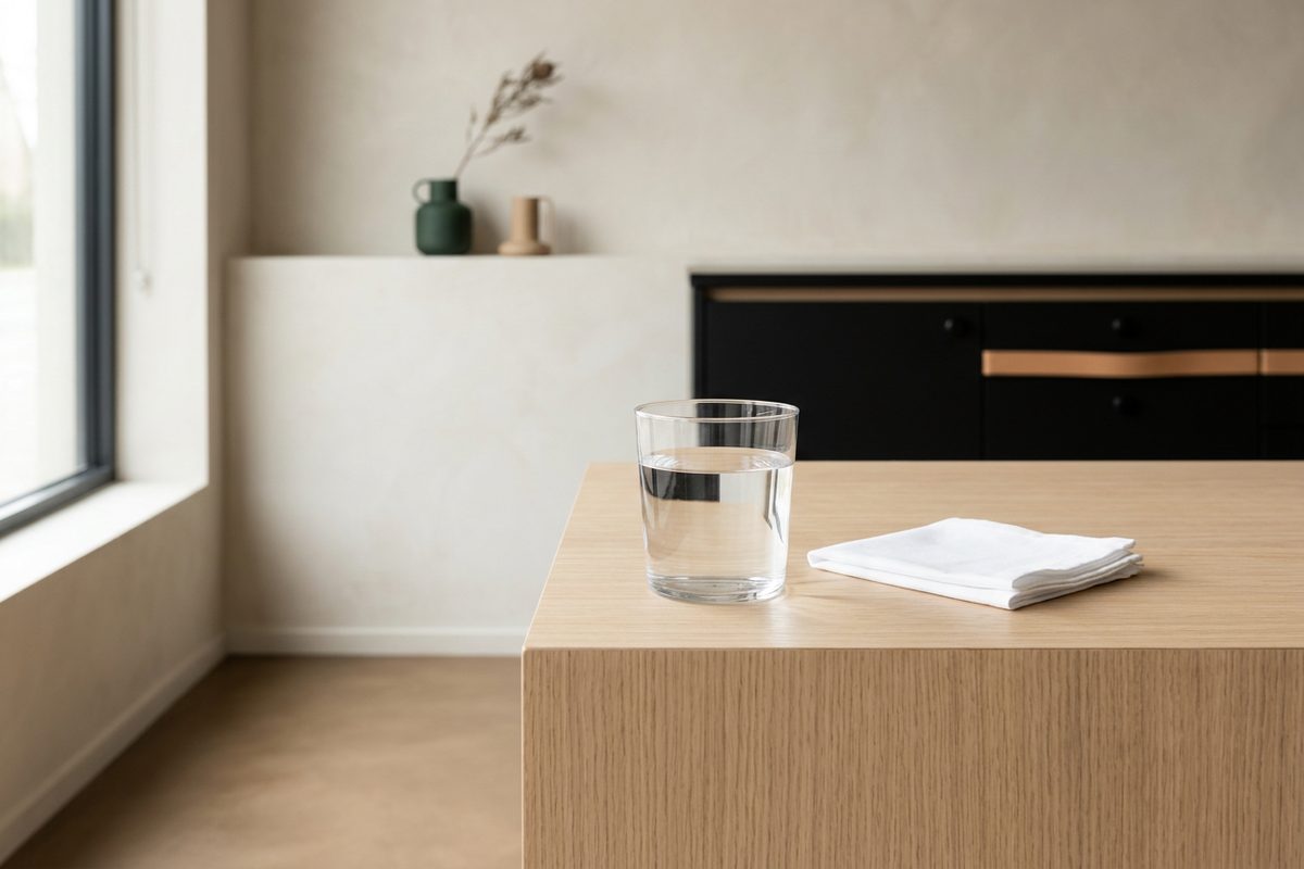Illustrative object photograph of a glass of water and a folded white cloth on a pale oak counter