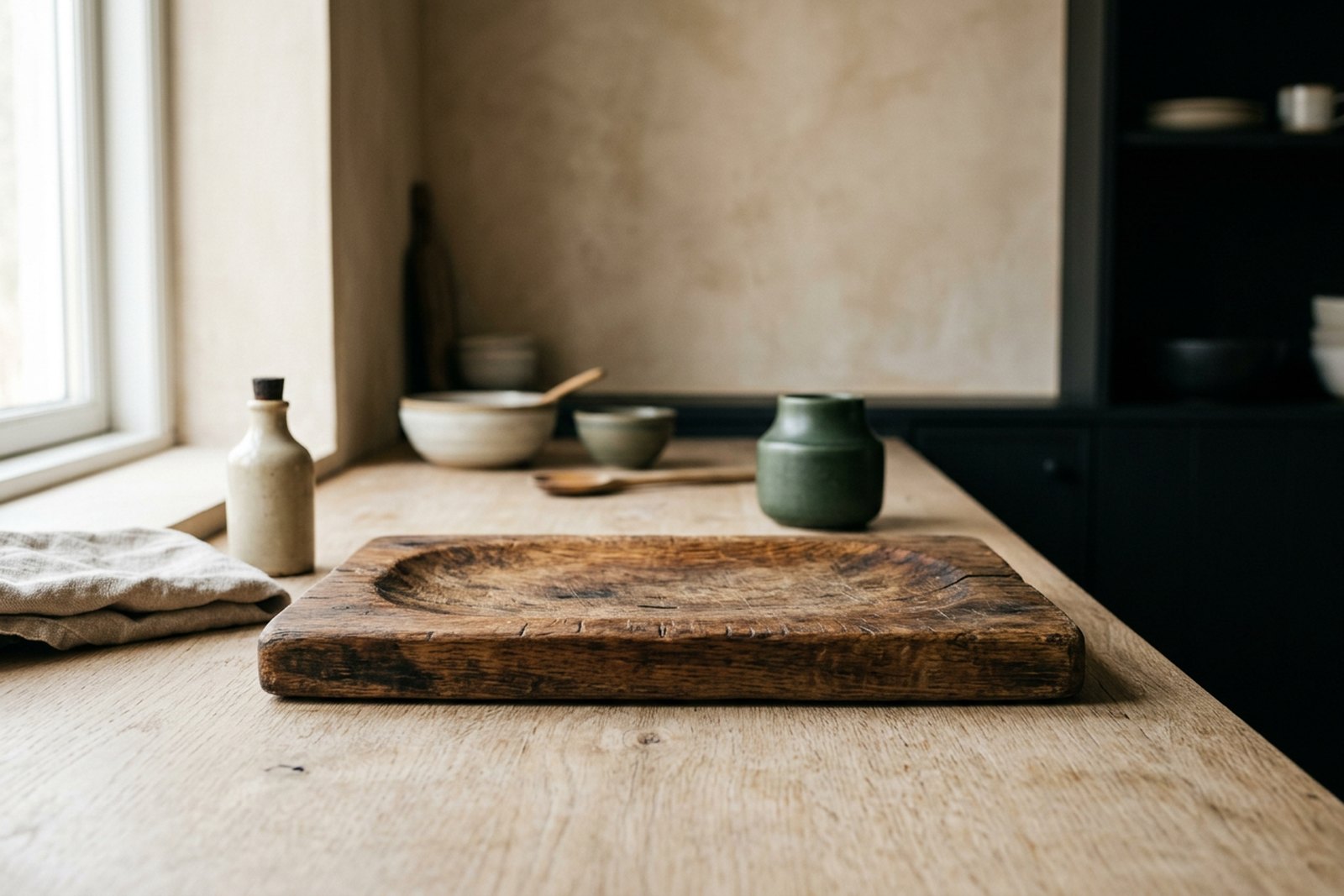 Illustrative object photograph of a wooden chopping board worn into a shallow hollow from years of use