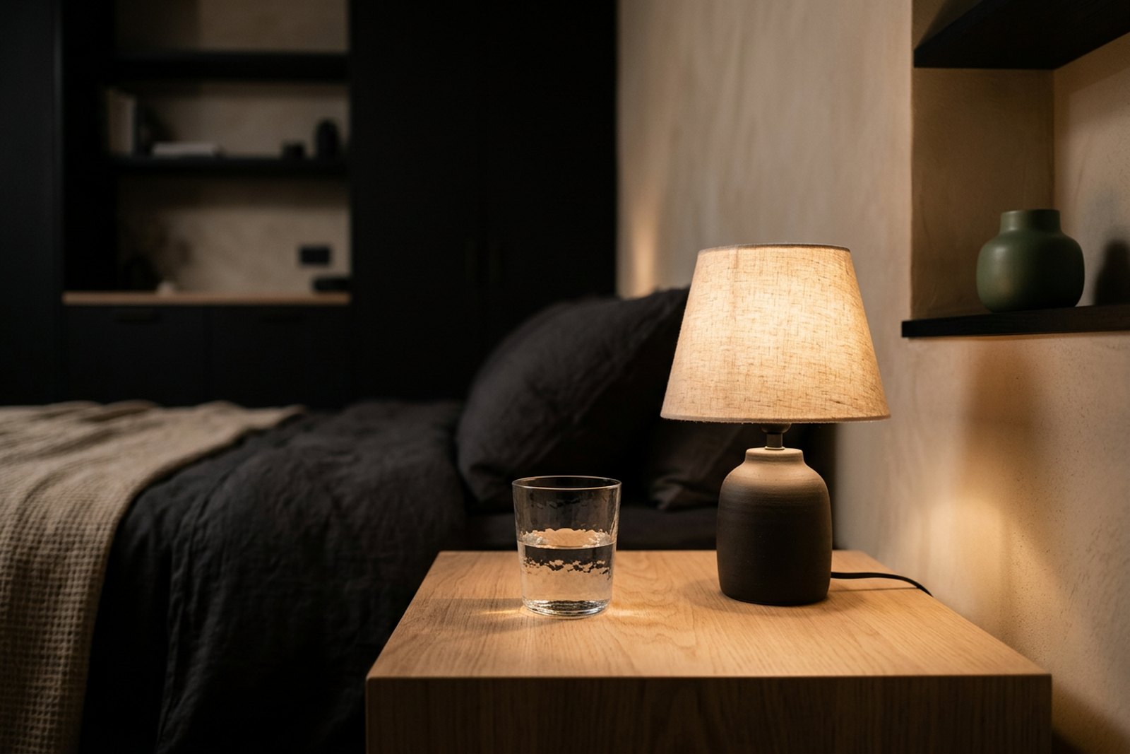 Illustrative object photograph of a glass of water and a small lamp on a bedside table at night